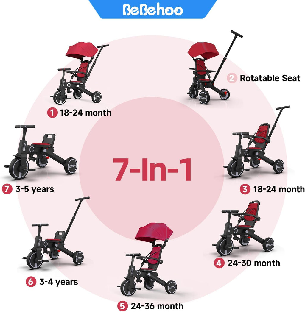 Tricycle Stroller for Toddler,Foldable Baby Tricycle,Kids Balance Bike with Push Handle,Toddlers Stroller Bike with 1 to 5 Years,7-in-1 Push Tricycle Bike for Kids (Red)