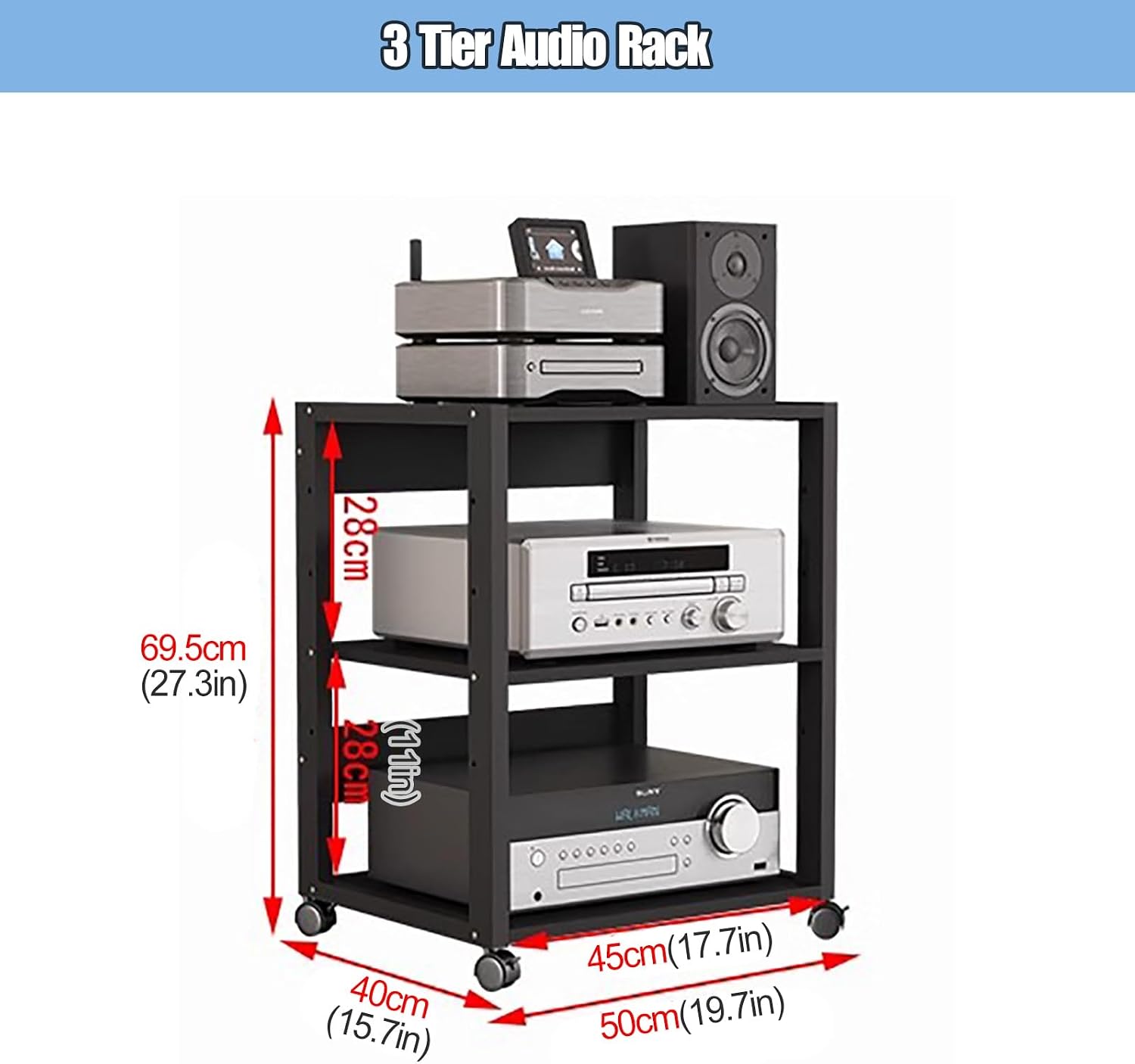 3/4/5/6/7 Tier Audio Component Rack Tower Media Stereo Stand Equipment Shelves with Wheels, Modern Tall HiFi Racks Audio/Video Component Cabinet for Home/Office, 3 tier-69.5cm(27.3in)