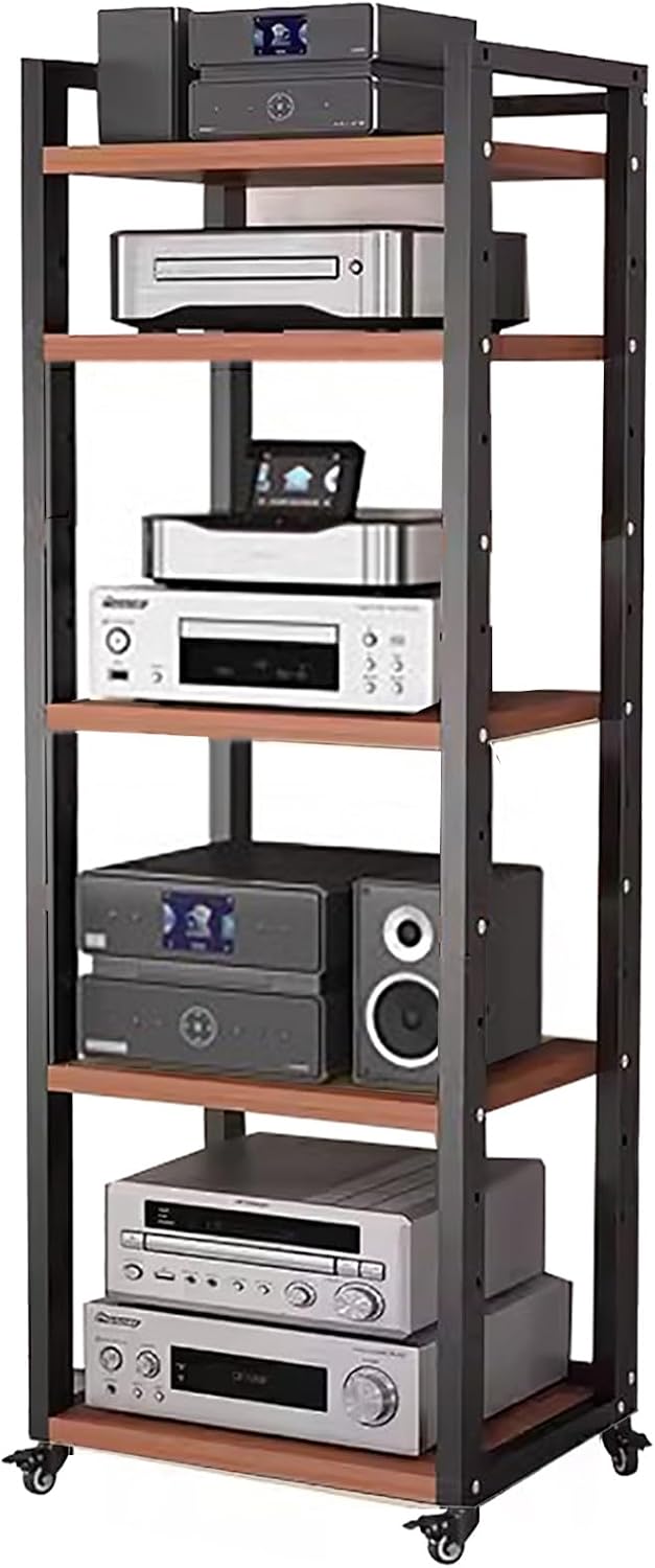 Av Media Stand Heavy Duty 5 6 7 8 Tier Storage - Audio Rack Shelf Bracket Wooden - Stereo Cabinet On Wheels - Audio Equipment Rolling Cart Tier 60 inch(W50cm-5 Tier)