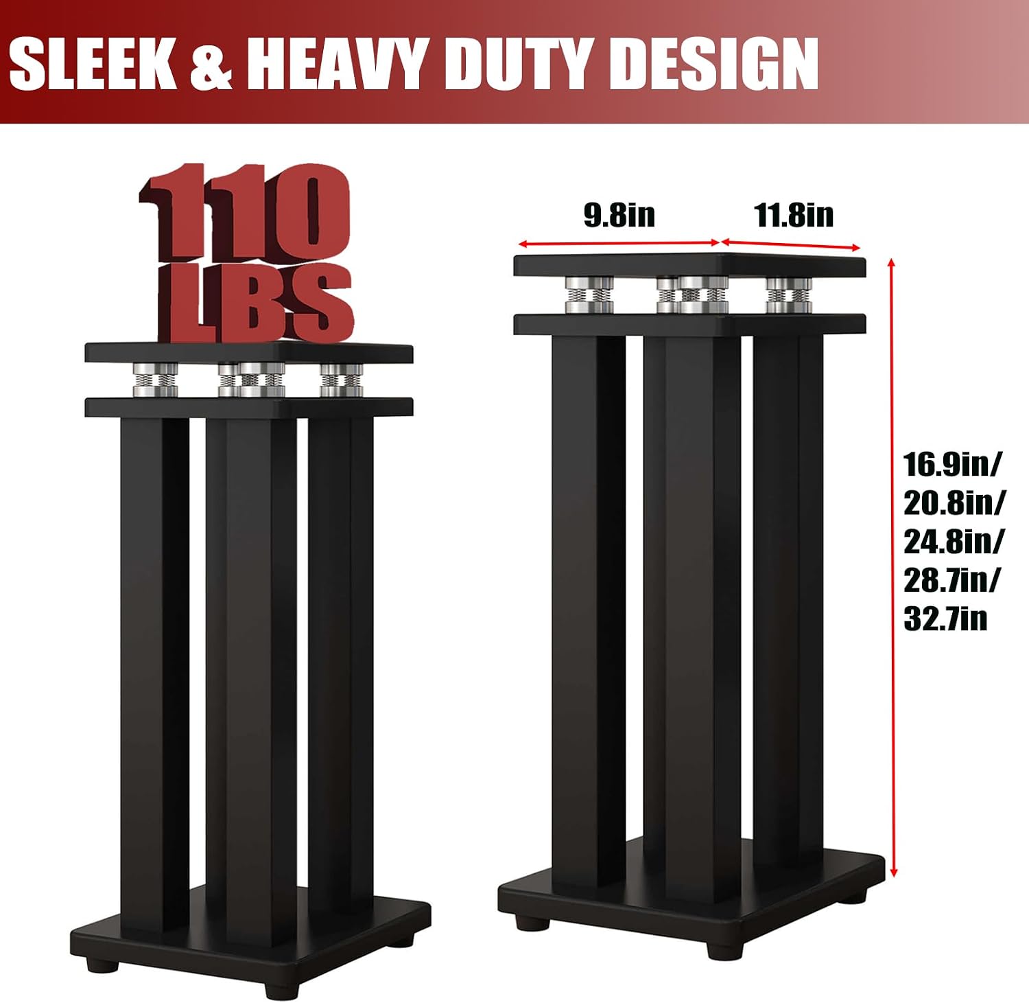 17in Heavy Duty Speaker Stands Pair up to 110lbs, Vibration-Absorbing MDF Design Surround Sound Stand for Home Theater Studio, Holds Bookshelf & Satellite Speaker Large Speaker (Black, 17inch)