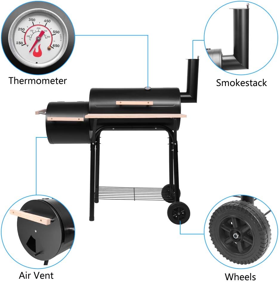 ROVSUN Charcoal Grill, Large Cooking Area of 433 Sq.In., Offset Smoker, Side Table, Perfect BBQ Grill for Indoor/Outdoor Picnic, Black