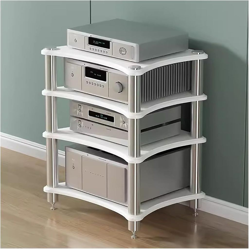 4-Tier Media Stand Audio/Video Component Cabinet, Freestanding Modern Stereo Racks and Stands for Home/Living Room/Game Room, Electronics Equipment Shelf, White