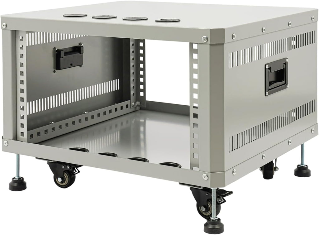 6U AV Rack with Wheels, Metal Studio Cabinet with Cable Ports, 22.4' x 19.8' x 15.1', Portable Home Studio Racks, Floor Standing Server Cabinet for Amplifiers, AV Equipment, Computers