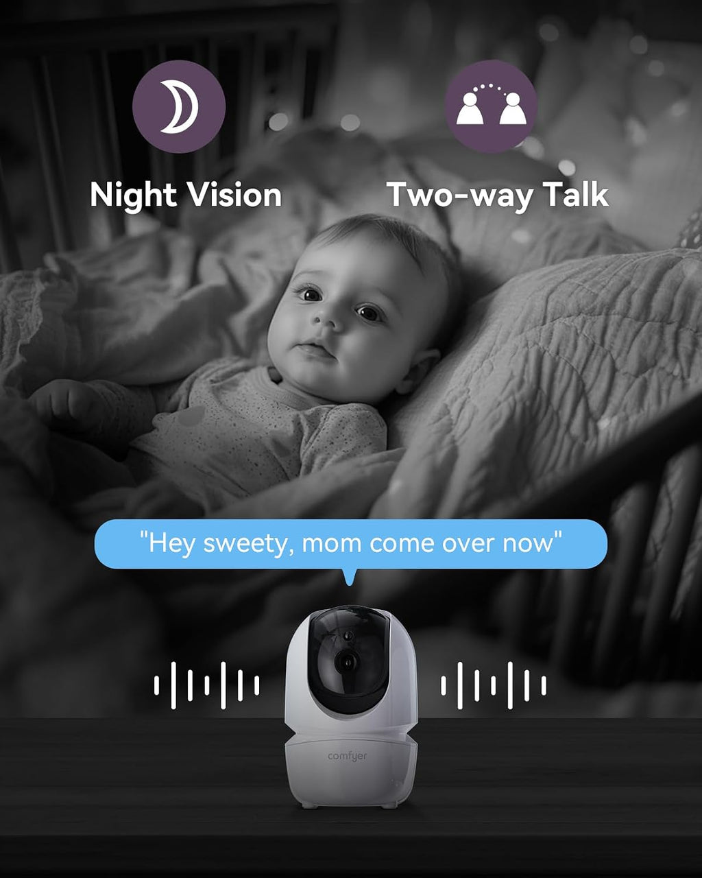 Comfyer BM01 7' HD Split-Screen Baby Monitor with 2 1080P Cameras, 48 Hrs 6000mAh Battery Runs 2 Days in VOX Mode, No WiFi Monitor with a Flexible Bracket, 2 Way Audio, Remote PTZ, Auto Night Vision