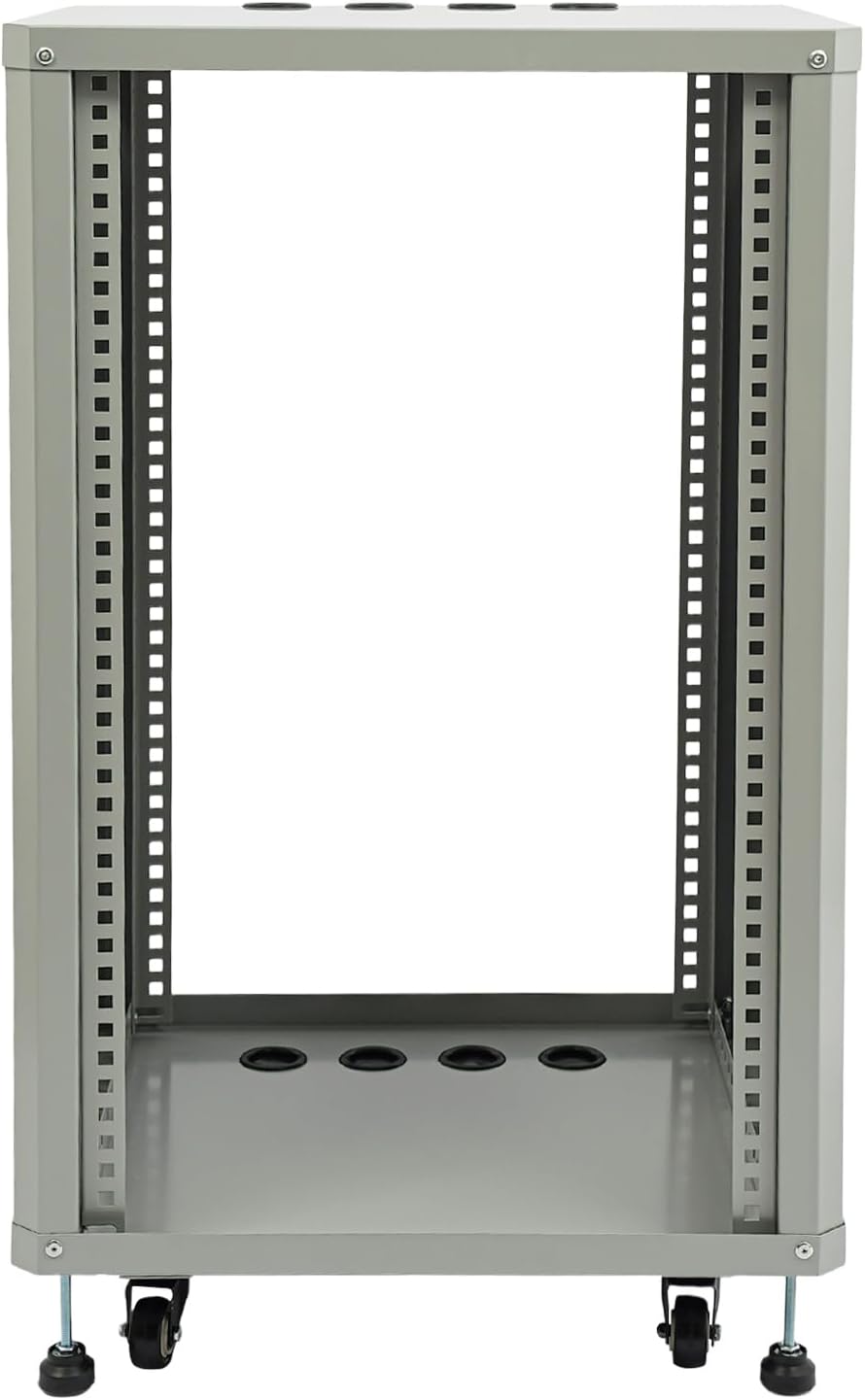 Network Audio Rack with Wheels, Steel Server Rack Cabinet for AV Equipment, Amplifiers, Network Gear, Rolling Universal Rack with Cable Management & Ventilation (Gray, 18U)