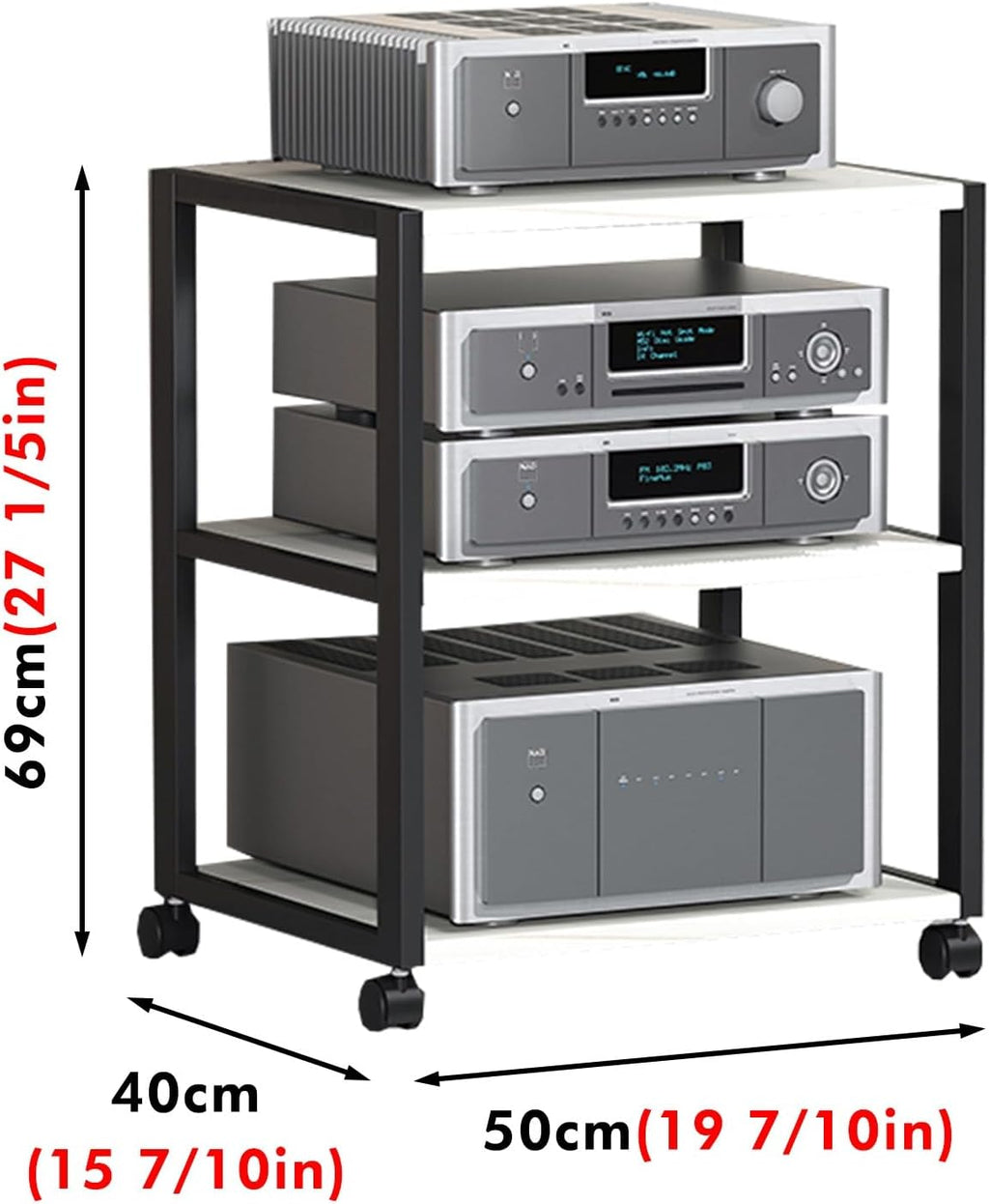 Rolling Audio Component Rack Tower Media Stereo Stand Equipment Shelves, Modern Stereo Cabinet Black White, Hi-fi Separates On Wheels for Home Record Player/DVD(White,3-Layer)