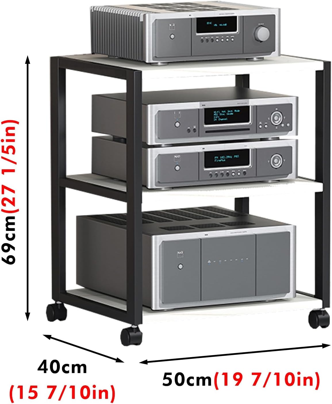 Rolling Audio Component Rack Tower Media Stereo Stand Equipment Shelves, Modern Stereo Cabinet Black White, Hi-fi Separates On Wheels for Home Record Player/DVD(White,3-Layer)