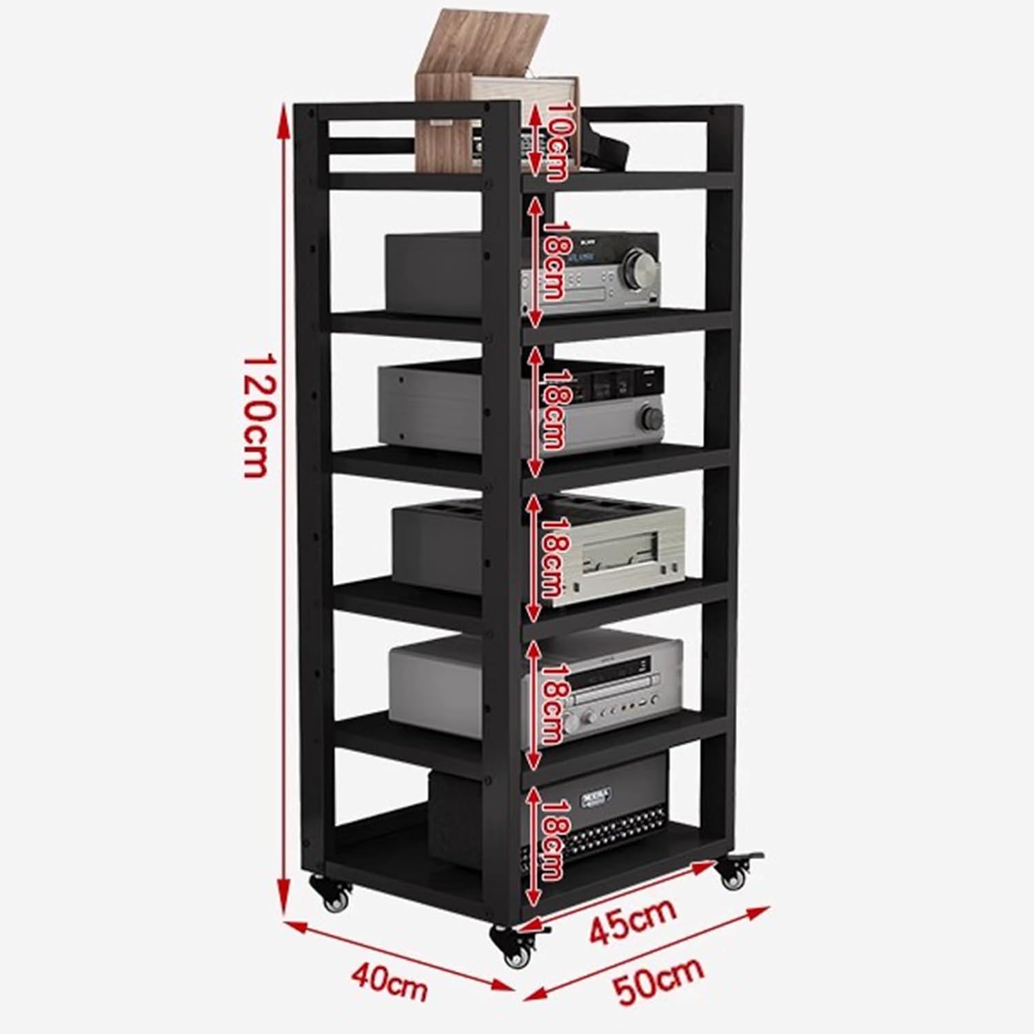 6 Tier Audio Rack Tower, Heavy-Duty AV Media Stand, Adjustable Shelves, Media Storage Cabinet for Amplifier, Record Players, Audio-Visual Equipment(Teak)