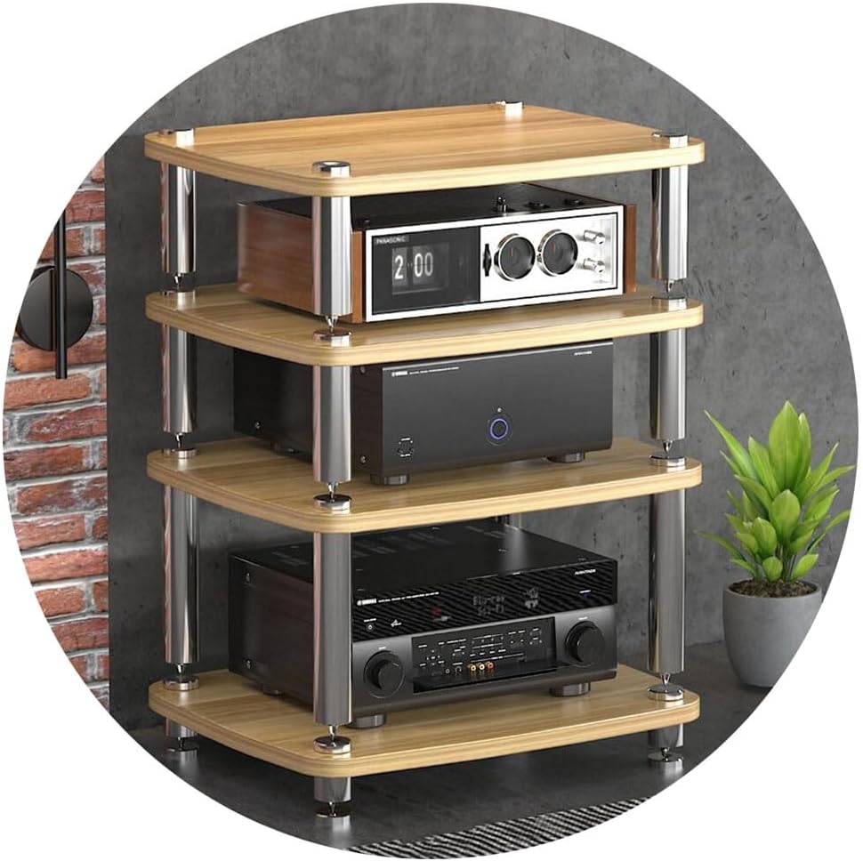 4 Layer Audio Cabinet Stand Record Player Stand Audio Rack with Shock Absorbing Feet Power Amplifier Shelf Equipment Cabinet White 60 * 48 * 10Cm Tier 1,Wood Color,60 * 48 * 76cm(4Tier)