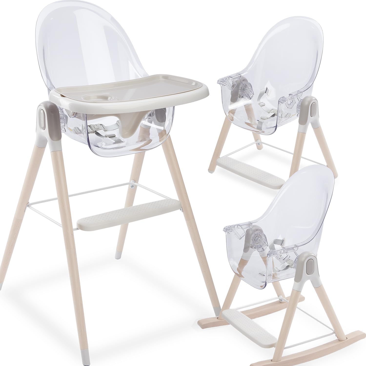 Primo Vista 3-in-1 Convertible High, Toddler, & Rocking Chair, Clear, Transparent Seat, Grows with Child, Modern Style, Adjustable Wooden Legs, Easy to Use, Assemble, Safe & Sturdy, 21.5 x 25 x 40.5'