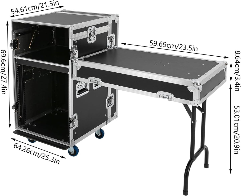 12U Mobile PA DJ Rack Road Case, Network & Stereo Rack with DJ Mixer Tops, Heavy-Duty 2-Tier Studio Equipment Cabinet with 4 Wheels, Amplifier Mixer Storage Stand for Live Sound, KTV, Home Theater