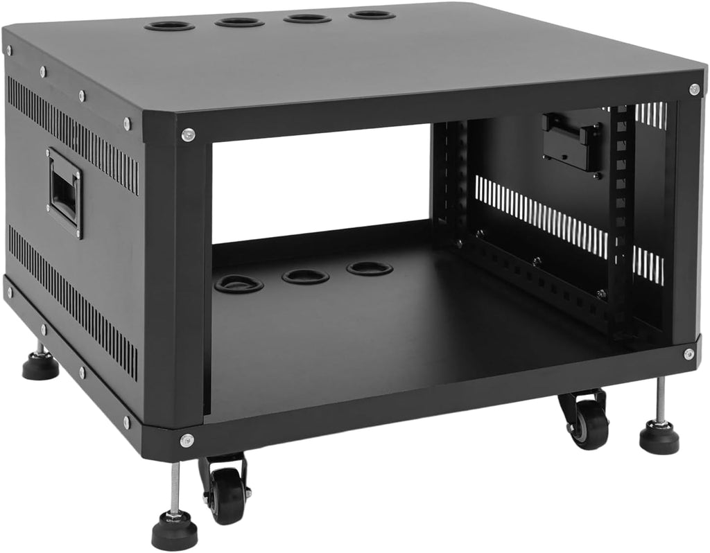 6U Network & Stereo Rack, Universal AV Equipment Rack with Caster Wheels, 22-Inch Rolling Open Server Audio Cabinet, AV Rack Stand for Studio, Server, Network Gear, Built-in Ventilation Holes (Black)