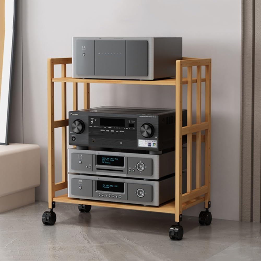 Audio Component Rack 2/3/4-Layer AV Media Stand HiFi Audio Equipment Dac Amplifier Open Frame Rack with Wheels, for Living, Gaming, Recording Room ﻿(2 Tier-high 75cm,Length-55cm)