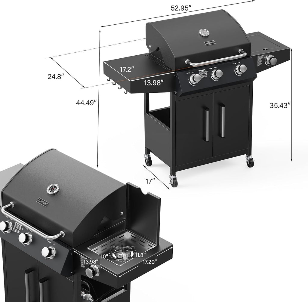 ROVSUN 3 Burner Propane Gas Grill with Side Burner, 46,000BTU BBQ Grills with Enameled Cast Iron Grates, Shelf & Cabinet for Outdoor Garden Patio Backyard Barbecue Cooking