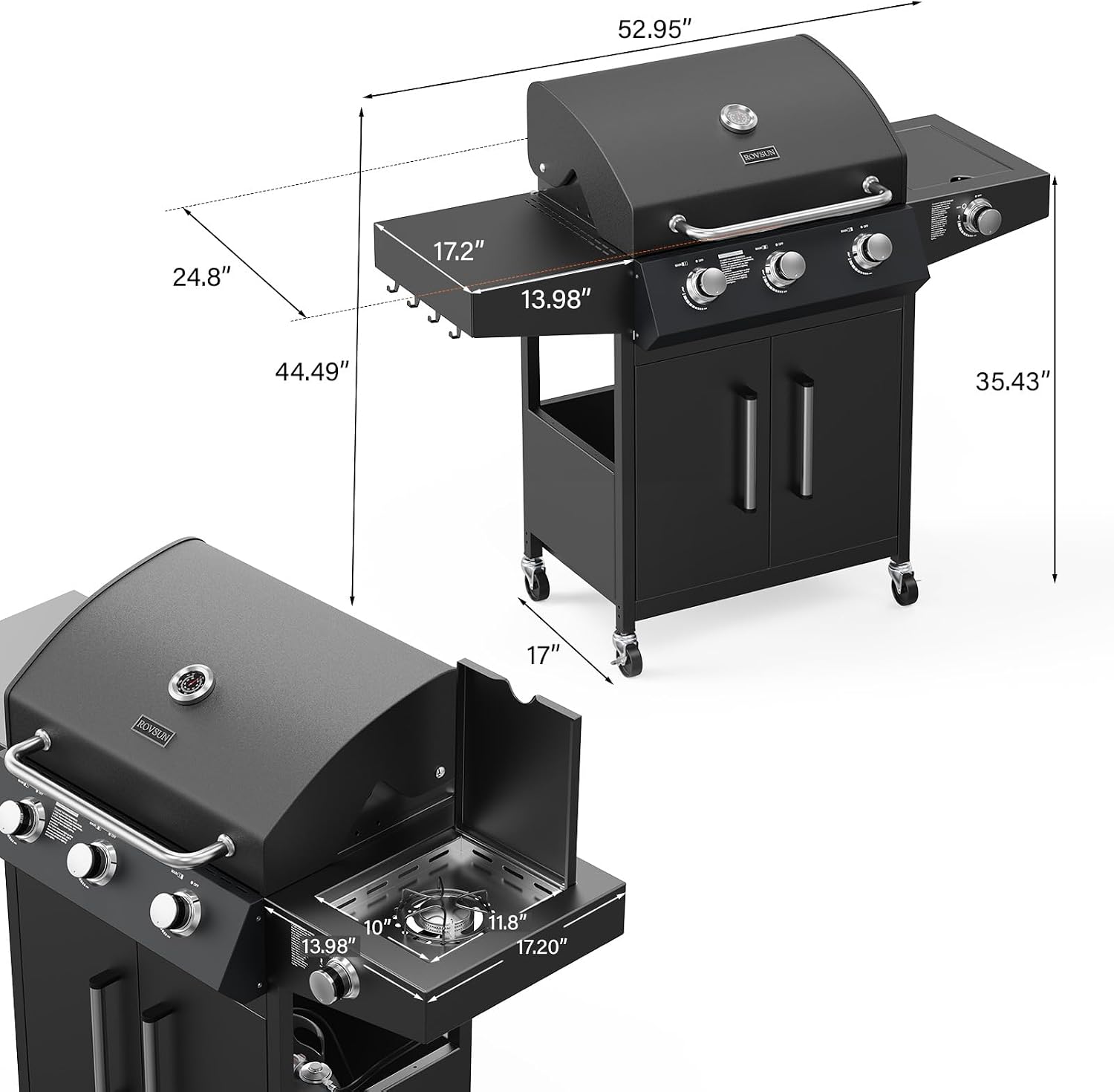 ROVSUN 3 Burner Propane Gas Grill with Side Burner, 46,000BTU BBQ Grills with Enameled Cast Iron Grates, Shelf & Cabinet for Outdoor Garden Patio Backyard Barbecue Cooking