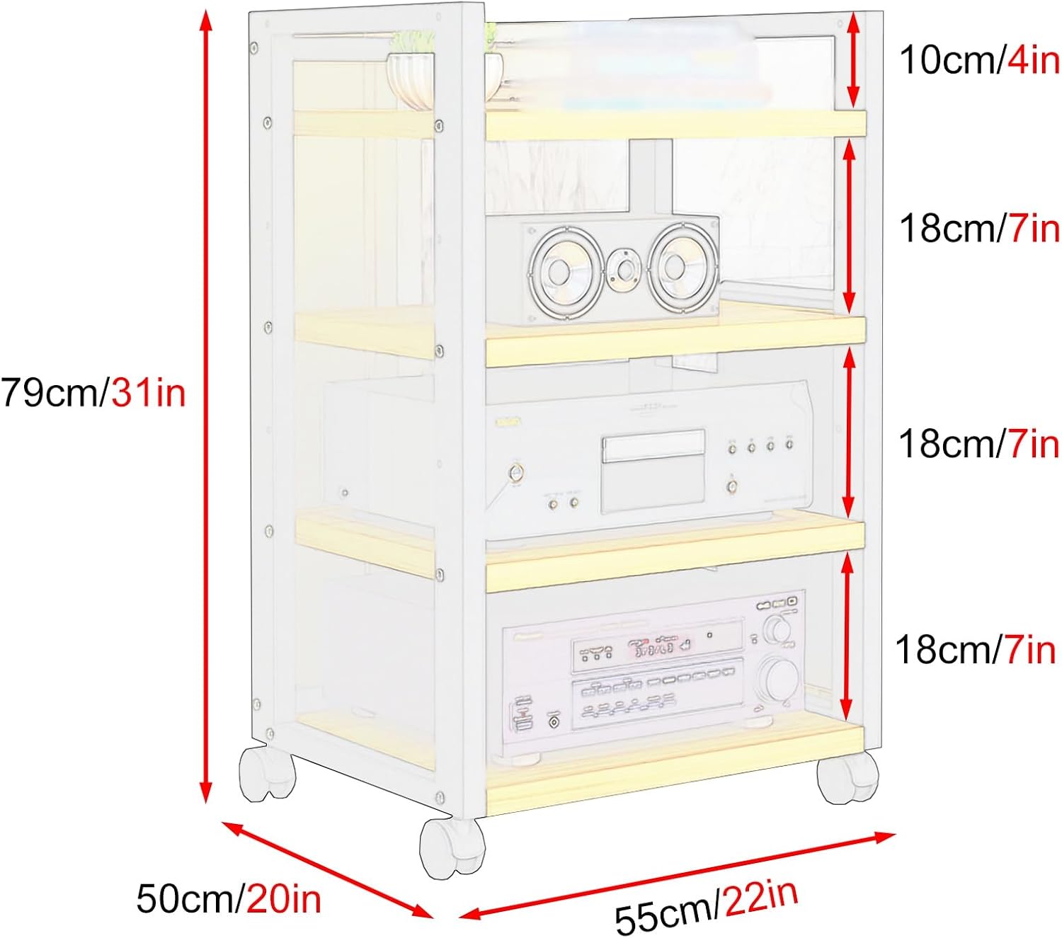 SRNSAEB Audio Equipment Rack On Wheels, Heavy Duty 3 4 Tier DVD Storage Media Shelf/HiFi Racks and Stands for Music Room/Cinema/Commercial Premises, Adjustable Av Component Stand(Deep Coffee,4 Tiers)