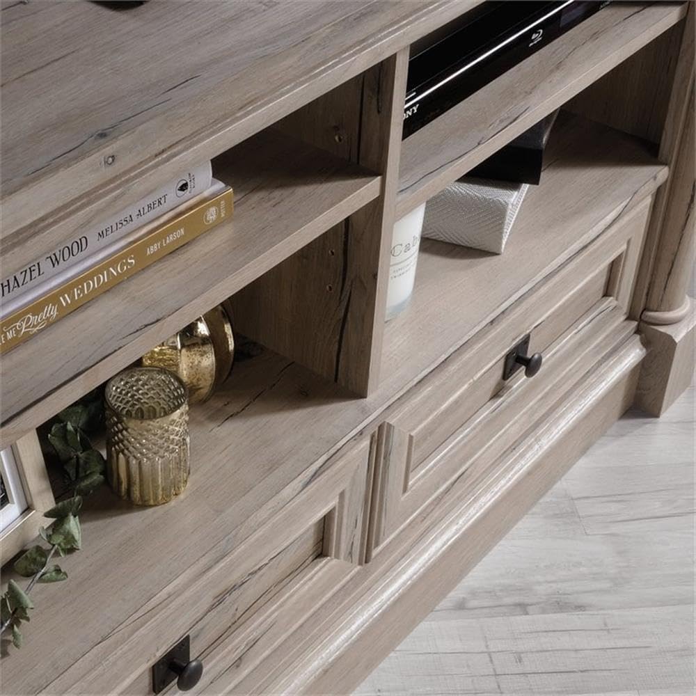 Pemberly Row Corner TV Stand Console, 60 in, Engineered Wood, Split Oak Finish, Adjustable Shelves and Drawers, Compact Space Solution, Fits Up to 60 in TV, Home Living Room Storage