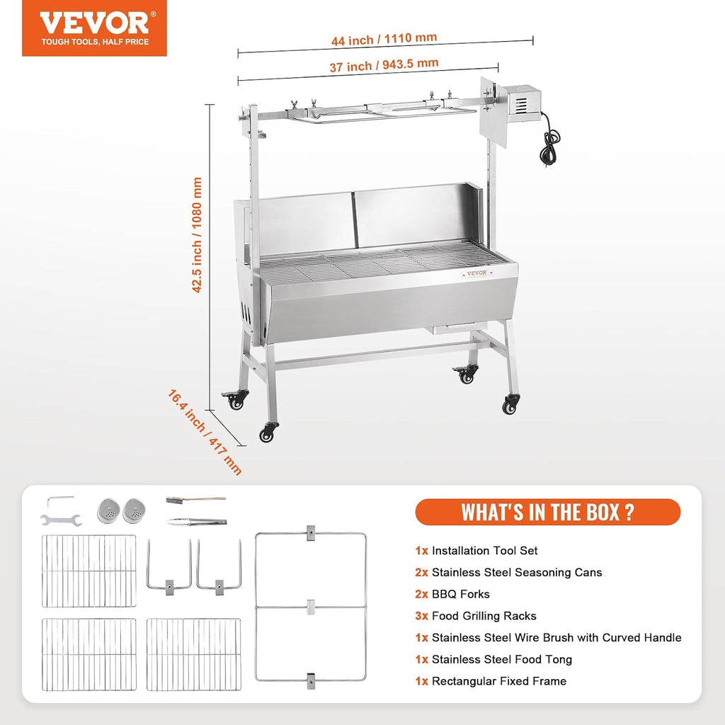 VEVOR Rotisserie Grill with Windscreen, BBQ Whole Pig Lamb Goat Charcoal Spit Grill, 35 Inch 90 Lbs Capacity, Electric 42W Motor Stainless Steel Roaster with Lockable Wheels, for Camping Outdoor