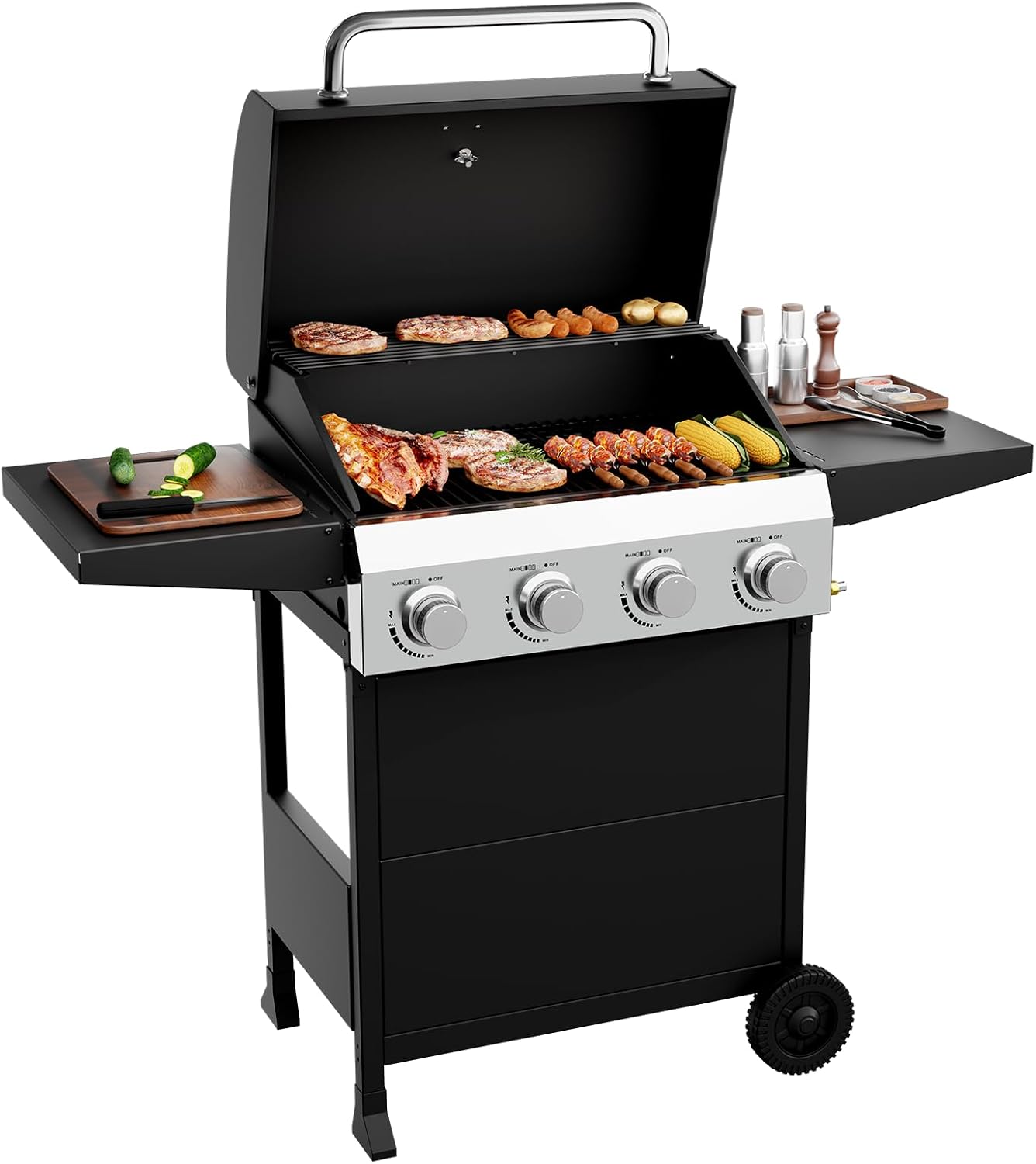 ROVSUN 4 Burner Propane Gas Grill with Foldable Side Shelves, 40000BTU BBQ Grills with Enameled Cast Iron Grates, Cabinet & Poratable Rolling Wheels for Outdoor Garden Patio Backyard Barbecue Cooking