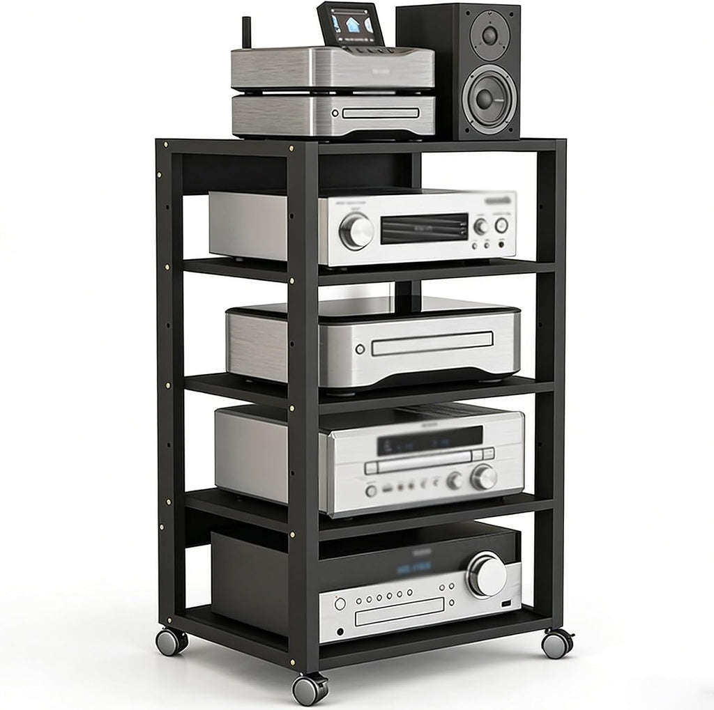 YLLFFLL Black Audio Component Rack Tower Media Stereo Stand Equipment Shelf, 3/4/5/6/7 Tier Media Storage Cabinet with Adjustable Shelf, HiFi Units Furniture(5 Layer)