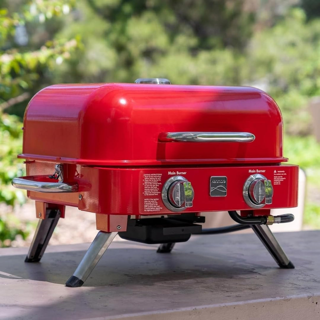 Kenmore Portable Propane Gas Grill - Tabletop BBQ Grill with Warming Rack, 2 Stainless Steel Burners with 14,000 BTUs, for Outdoor Kitchen, Camping, Red