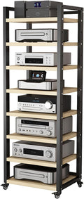 Audio Rack Av Tower Media Stand 5-tier Electronics Equipment Shelf, 6 7 8 Shelf Tall Rolling Stereo Cabinet Racks With Wheels & Height-Adjustable Shelf For Amplifiers/Players/TV, Black-a-8-Tiers