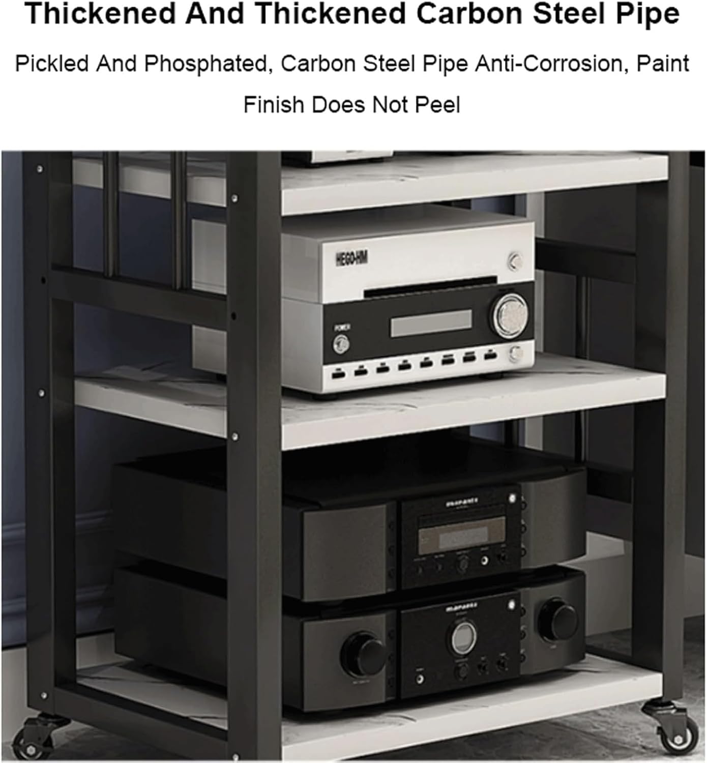 Audio Rack 4 Tier Stereo Rack Audio Equipment Rack Wooden Audio Rack Cabinet Open HiFi Rack with Wheels Audio Component Rack Durable(Nero)