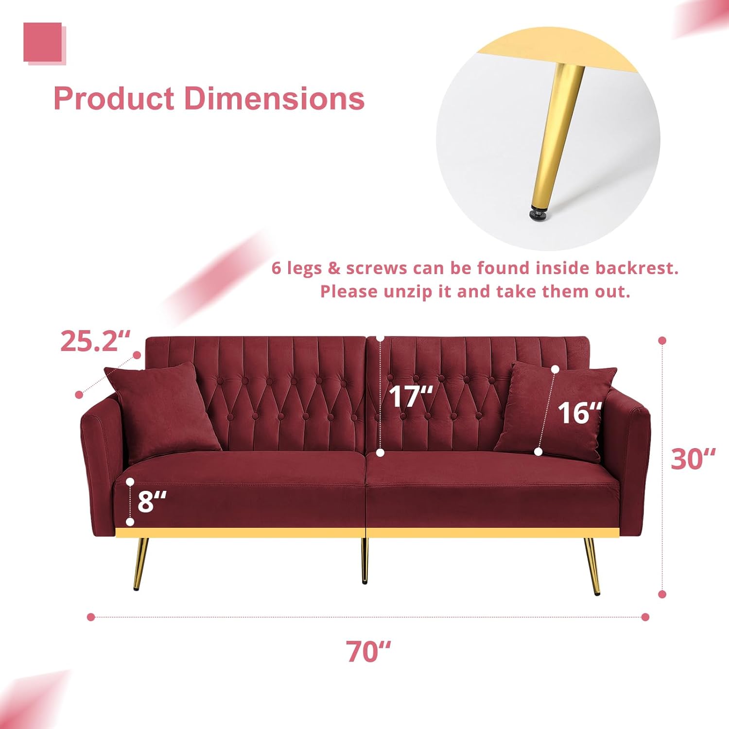 70' Velvet Futon Sofa Bed with 2 Pillows and Adjustable Armrests, Convertible Sleeper Bed W/Adjustable Backrests, Modern Loveseat for Living Room, Bedroom, Red