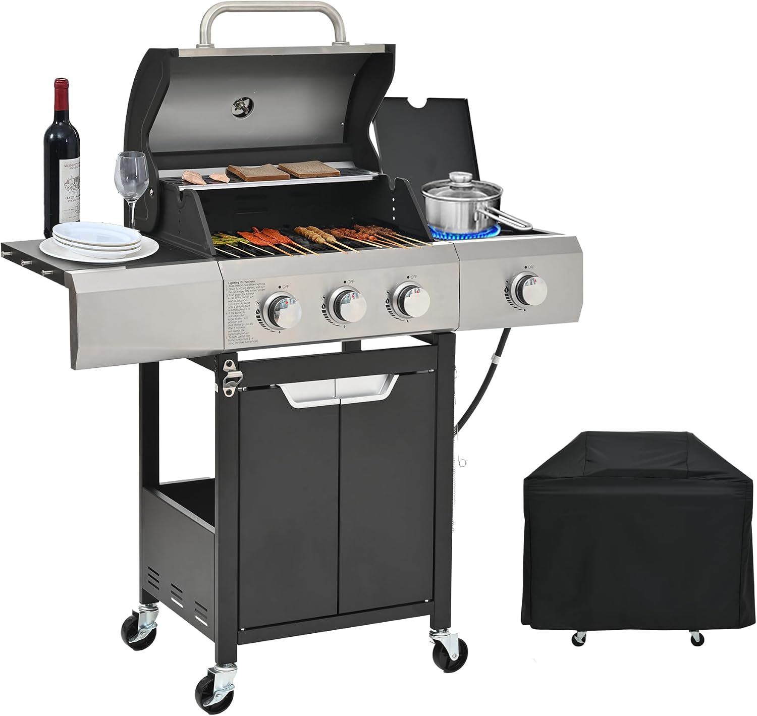 Endark 3-Burner BBQ Grill with Side Burner and Grill Cover,40,500 BTU Stainless Steel Propane Grill, Including Thermometer Wheels, Gas Grill for Garden Cooking and Family Gatherings