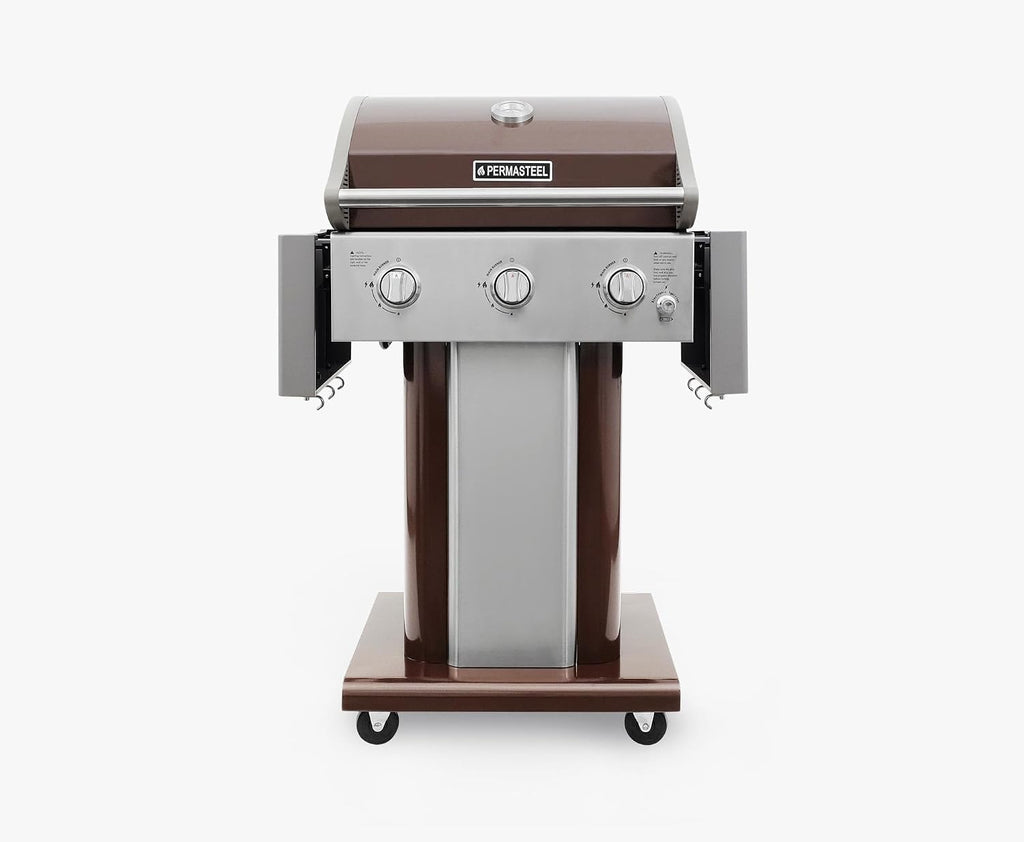 Permasteel 3-Burner Propane Gas Grill, 30,000 BTUs BBQ Grill with Cast Iron Grates, Foldable Side Tables & Tool Hooks, Outdoor Grill, Mocha