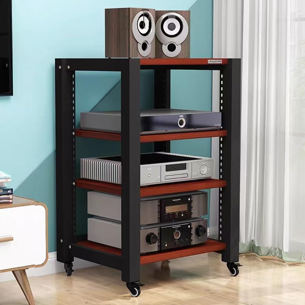 Movable HiFi Audio Rack Adjustable AV Media Components Cabine Stand with Wheels, Heavy Duty Amplifier Storage Cabinet Stereo Shelf Organizer(Teak,4-Tier)