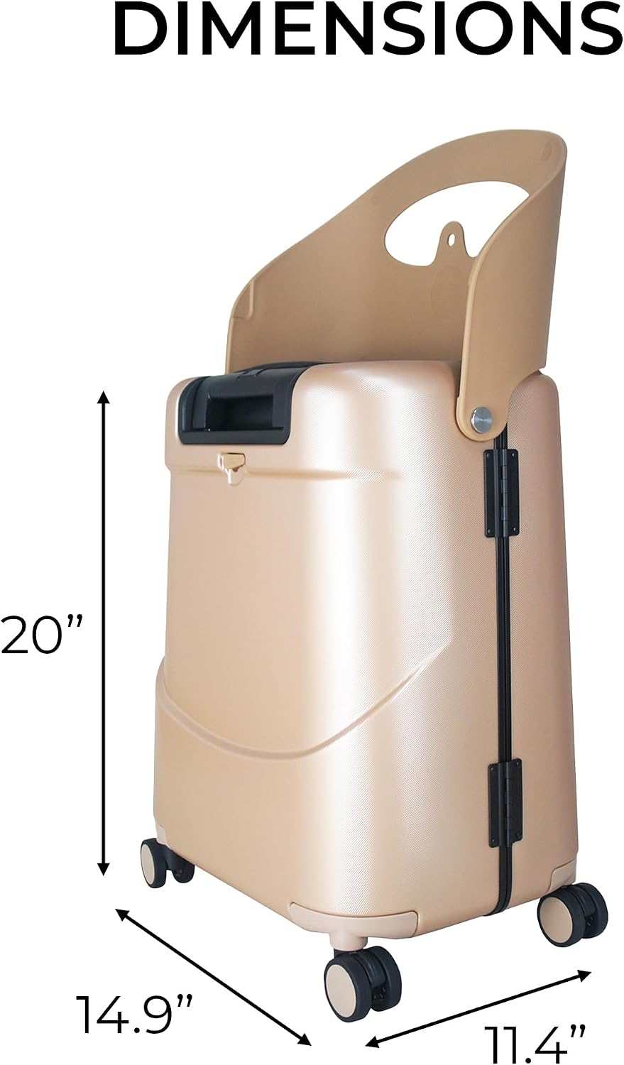 MiaMily 4-Wheel Carry-On Luggage with Seat – Ride-On Suitcase for Easy Family Travel, Seat Belt, 43L Hard Shell, Waterproof Pocket, Adjustable Handle, Champagne Gold