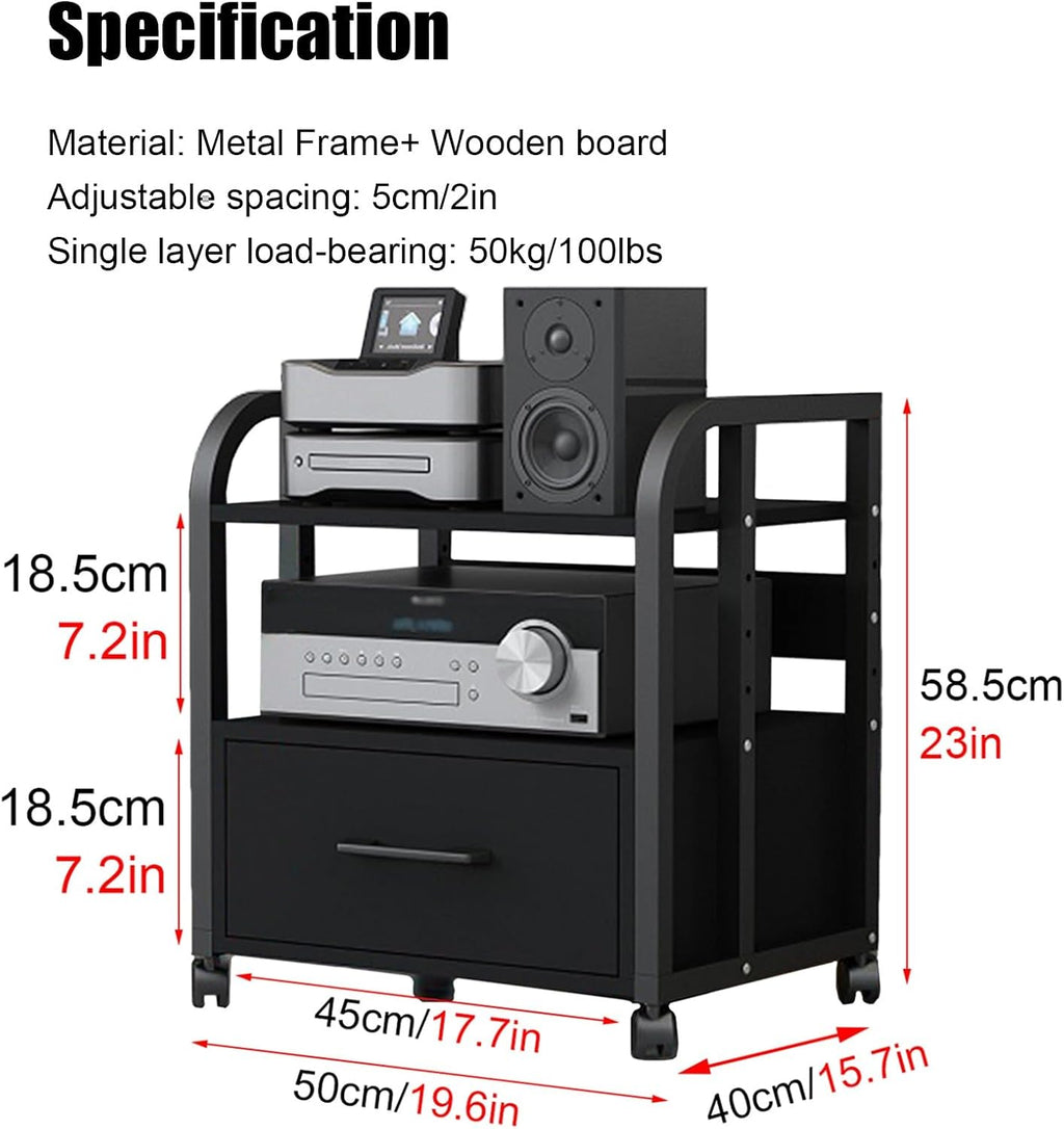 WDJBPSH Mobile Audio Media Rack on Wheels, Portable Video Entertainment Equipment Storage Holder with Height-Adjustable Shelf, Office Bedroom Living Room Organizer(Size:2 Tier/H 58.5cm- with Drawer)