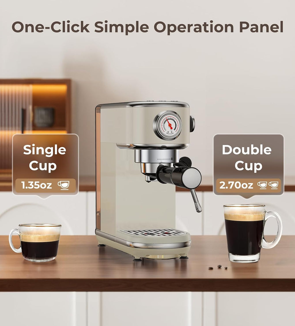 atatix 20 Bar Espresso Machine with Milk Frother, Compact Espresso Maker, Stainless Steel Coffee Machine with Precise Temp Control & 44oz Removable Water Tank for Latte, Cappuccino, Light Grey