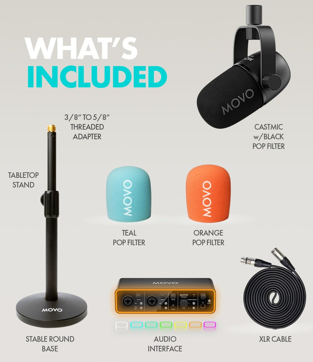 Movo Music Audio Interface Bundle - Phantom USB Audio Interface, CastMic XLR Dynamic Microphone, and Tabletop Stand - Professional Studio Equipment for Musicians, Singers, and Producers