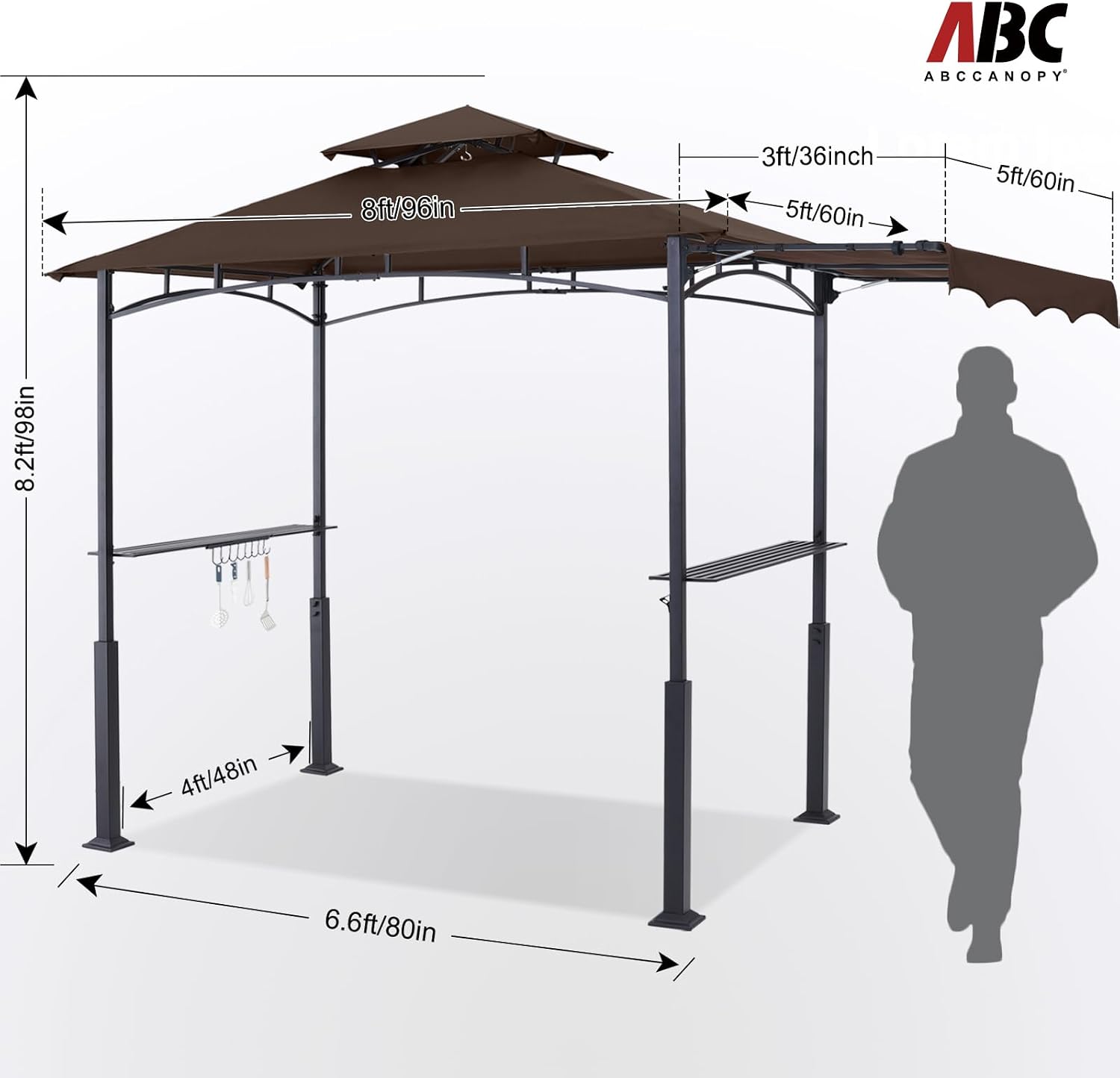 ABCCANOPY Grill Gazebo with Extra Awning - 11x5 Outdoor BBQ Canopy Shelter with 2 Led Lights for Patio Backyard Grilling (Coffee)