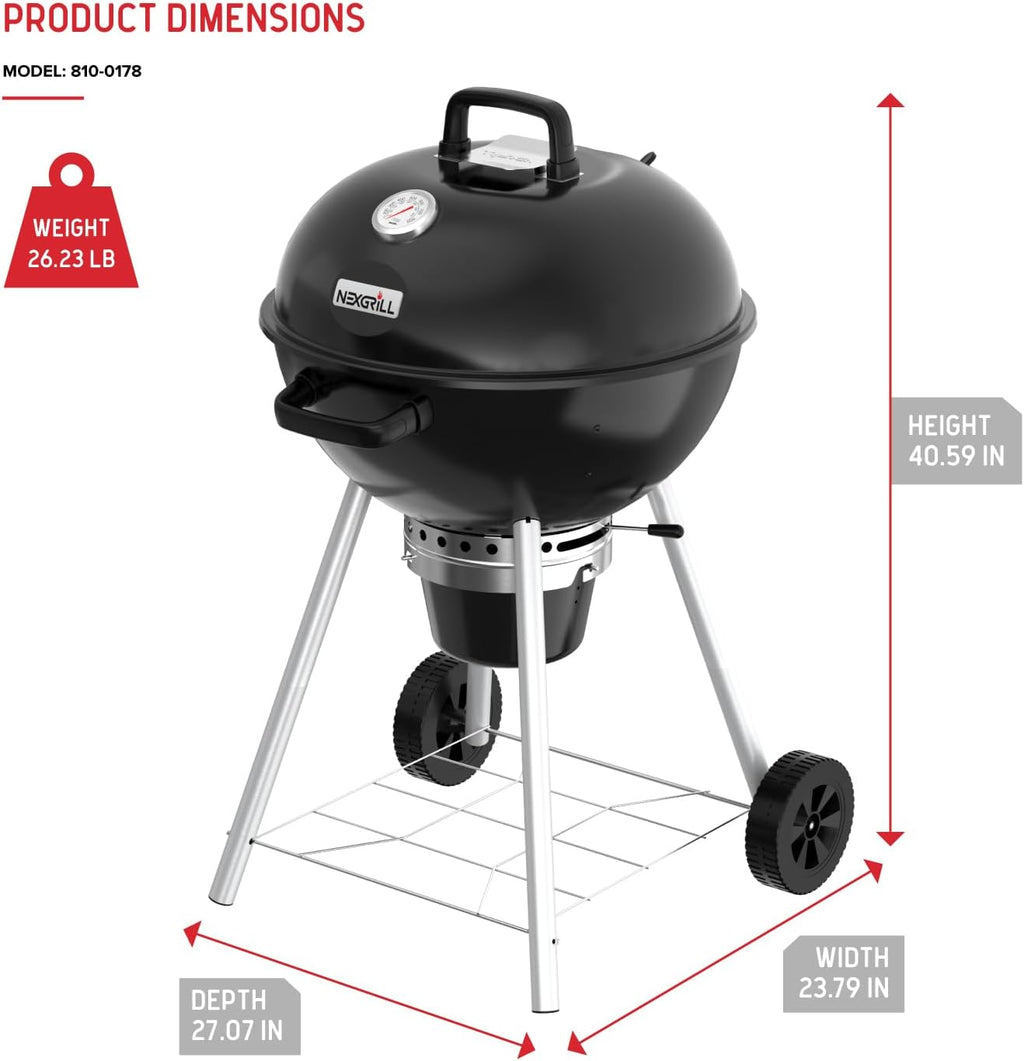 Nexgrill Premium 22.5' Charcoal Barbecue Grill with Adjustable Air Vent, Built-In Temperature Gauge, 362 SQ In Grate, Storage Rack, Portable Kettle Grill for Camping, Picnics, and More - 810-0178