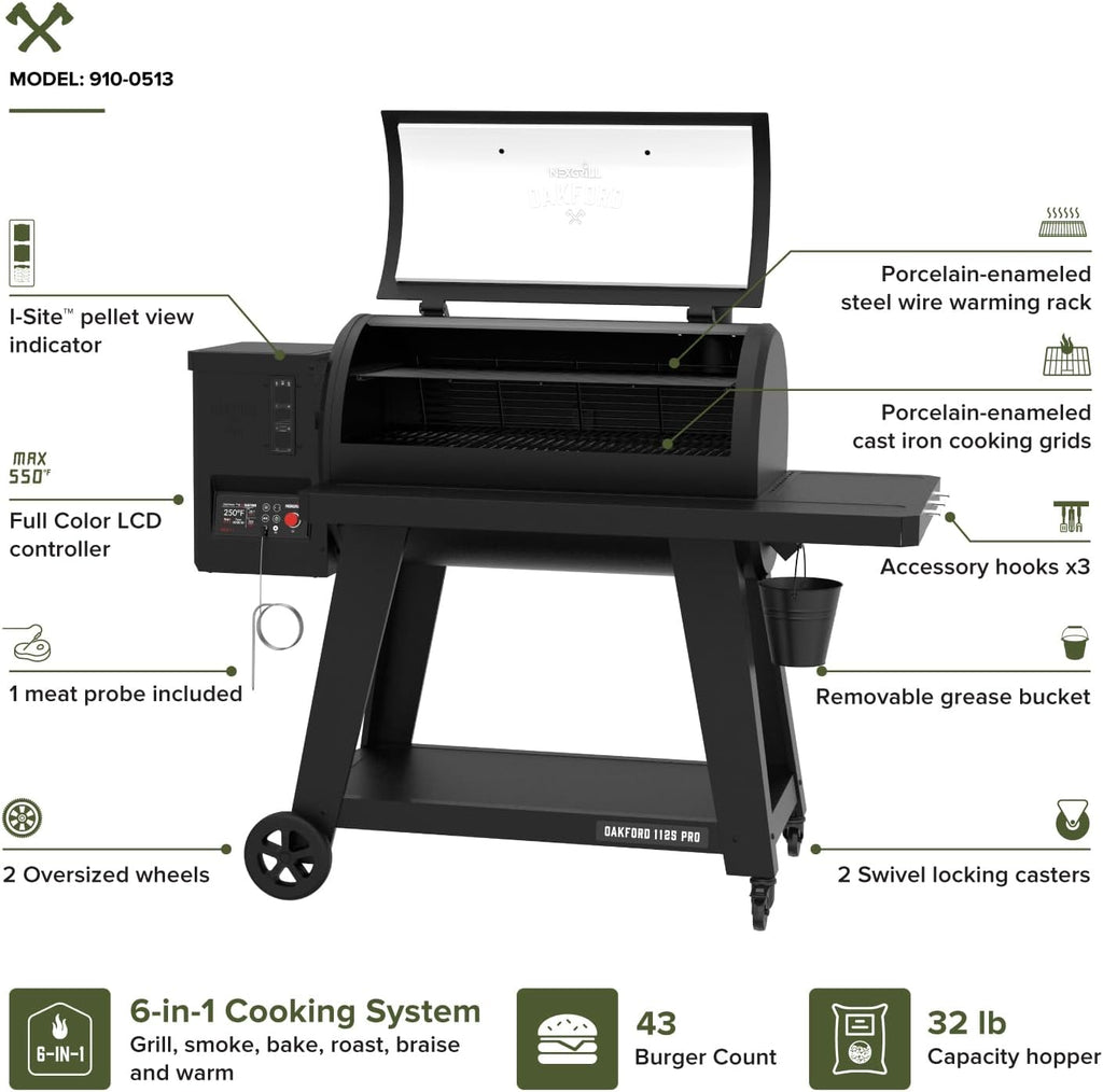 Oakford 1125 Pro Pellet Gril with 1069 SQ In Cooking Area, Cast Iron Grates, I-Site View Indicator, Heavy Duty Pellet Smoker Grill with Bluetooth Connectivity - 910-0513