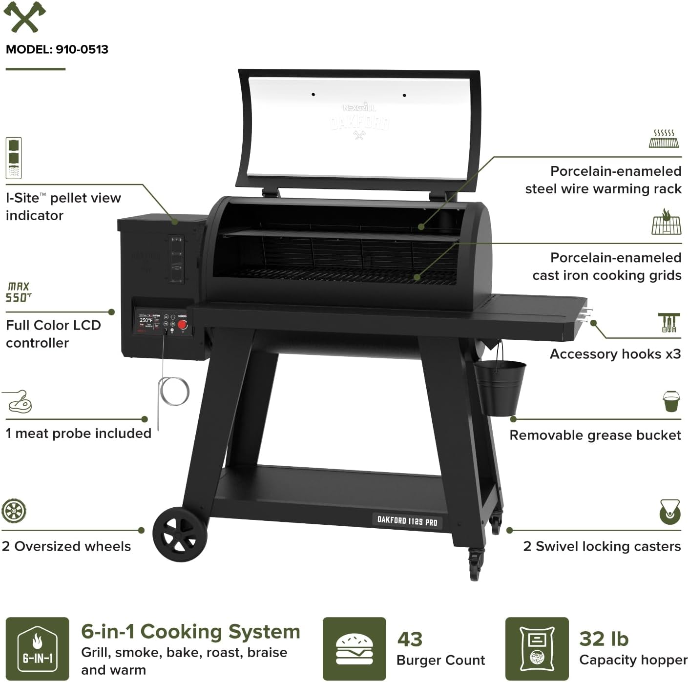 Oakford 1125 Pro Pellet Gril with 1069 SQ In Cooking Area, Cast Iron Grates, I-Site View Indicator, Heavy Duty Pellet Smoker Grill with Bluetooth Connectivity - 910-0513