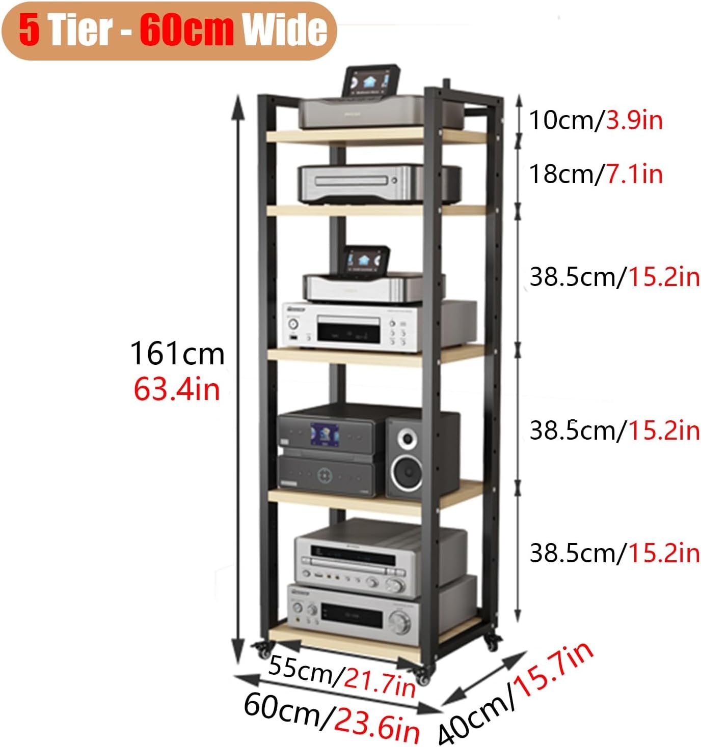 Stereo Rack Cabinet 63 Inch High, 5 6 7 8 Tier Record Player Stand for Turntable Av Media Receiver Equipment Storage, Adjustable Shelving Audio Tower Shelf(Color:5 Tier,Size:60cm Wide)