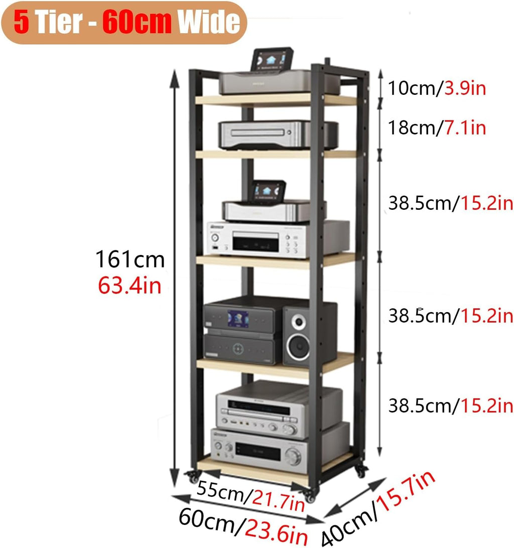 Stereo Rack Cabinet 63 Inch High, 5 6 7 8 Tier Record Player Stand for Turntable Av Media Receiver Equipment Storage, Adjustable Shelving Audio Tower Shelf(Color:5 Tier,Size:60cm Wide)