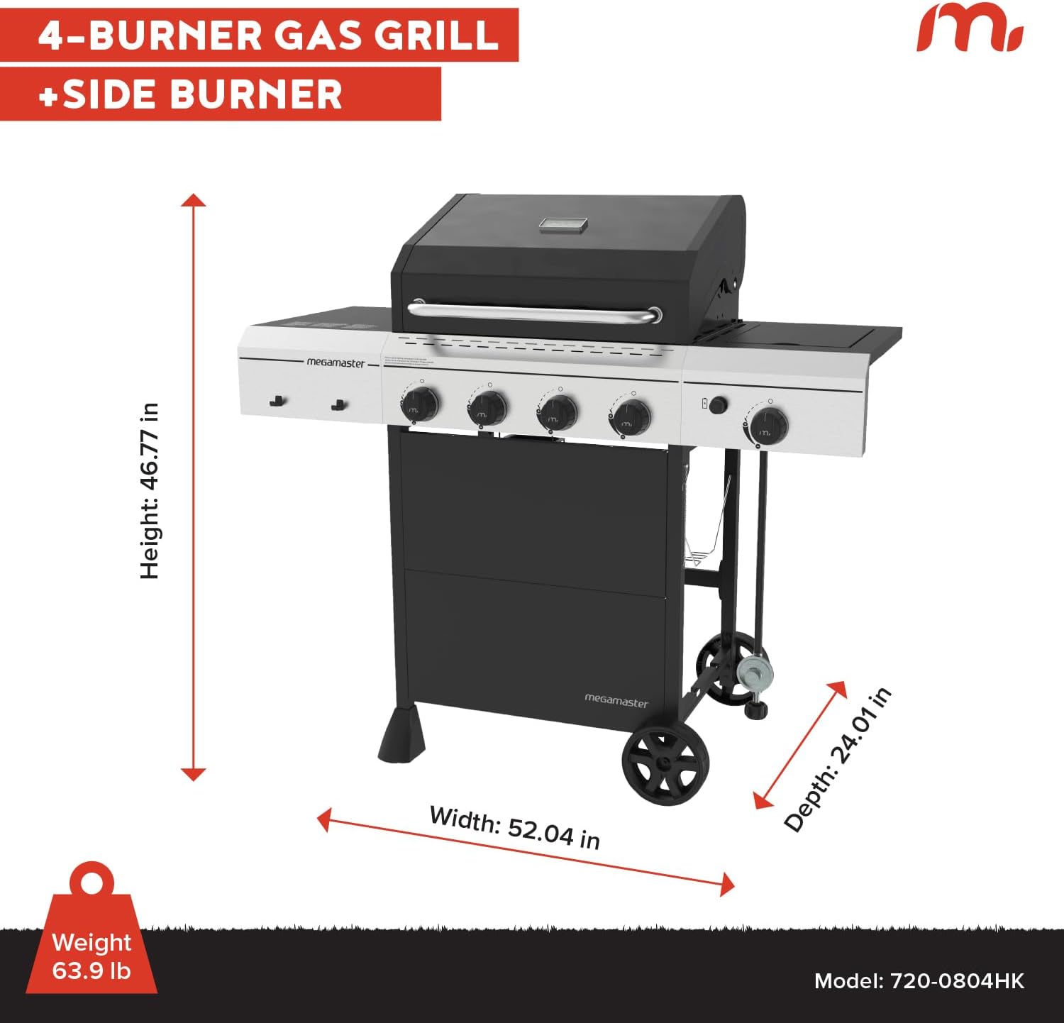 Megamaster 4-Burner Gas Grill with Side Burner & Grill Cover, 52,000 BTUs, 568 SQ. In. Cooking Area, Propane BBQ Grill with Stainless Steel Panel for Outdoor Cooking, Patios, and More - 720-0804HK