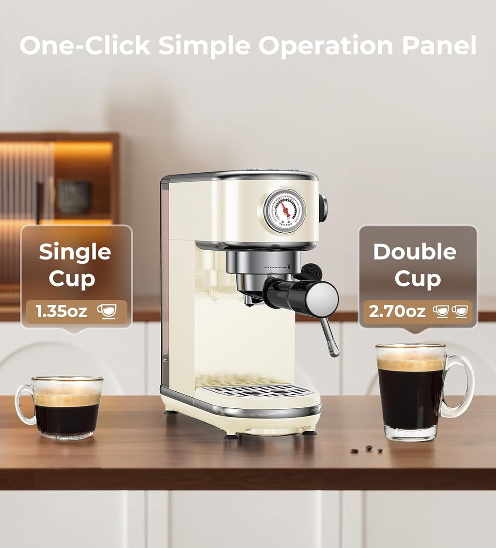 atatix 20 Bar Espresso Machine with Milk Frother, Compact Espresso Maker, Stainless Steel Coffee Machine with Precise Temp Control & 44oz Removable Water Tank for Latte, Cappuccino, Creamy White