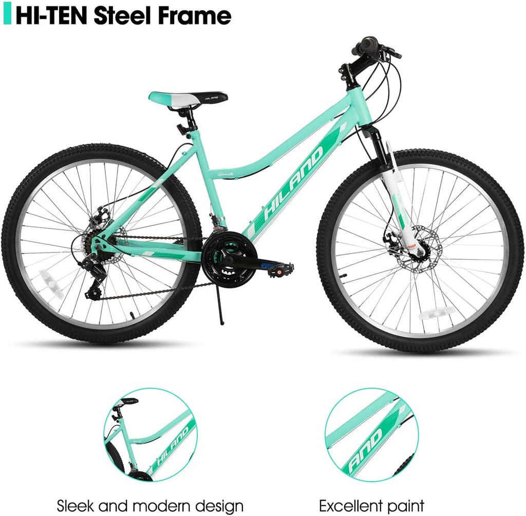 Hiland 26 Inch Womens Mountain Bike, with Step-Through Frame, 18 Speeds, Suspension Fork MTB, Bicycle for Women Men Adult