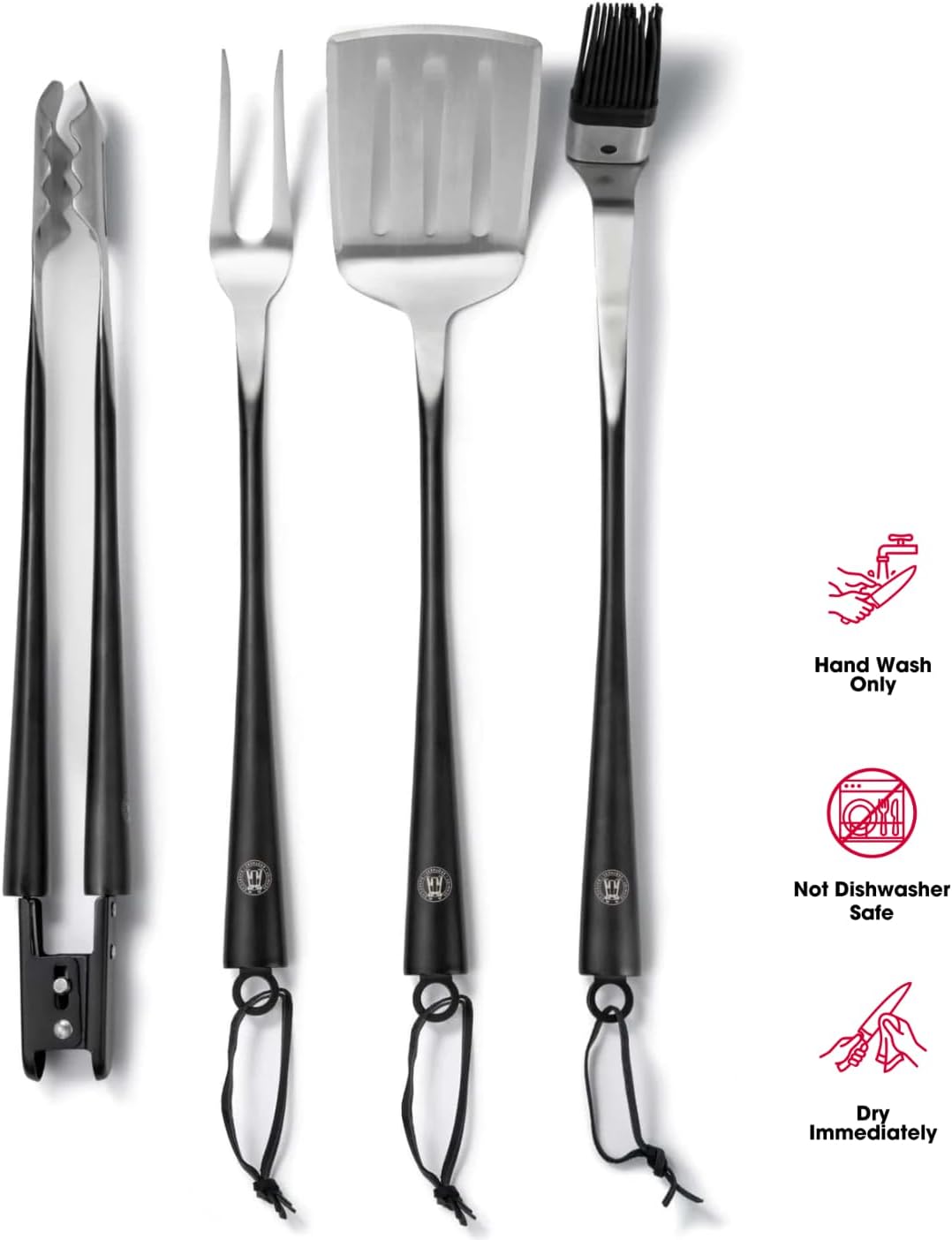 Schmidt Brothers - BBQ Carbon 6, 4-Piece Grilling Accessory Set, Full-Forged Stainless Steel Grilling Utensils Including Spatula, Fork, Basting Brush, and Tongs with All Wood Handles
