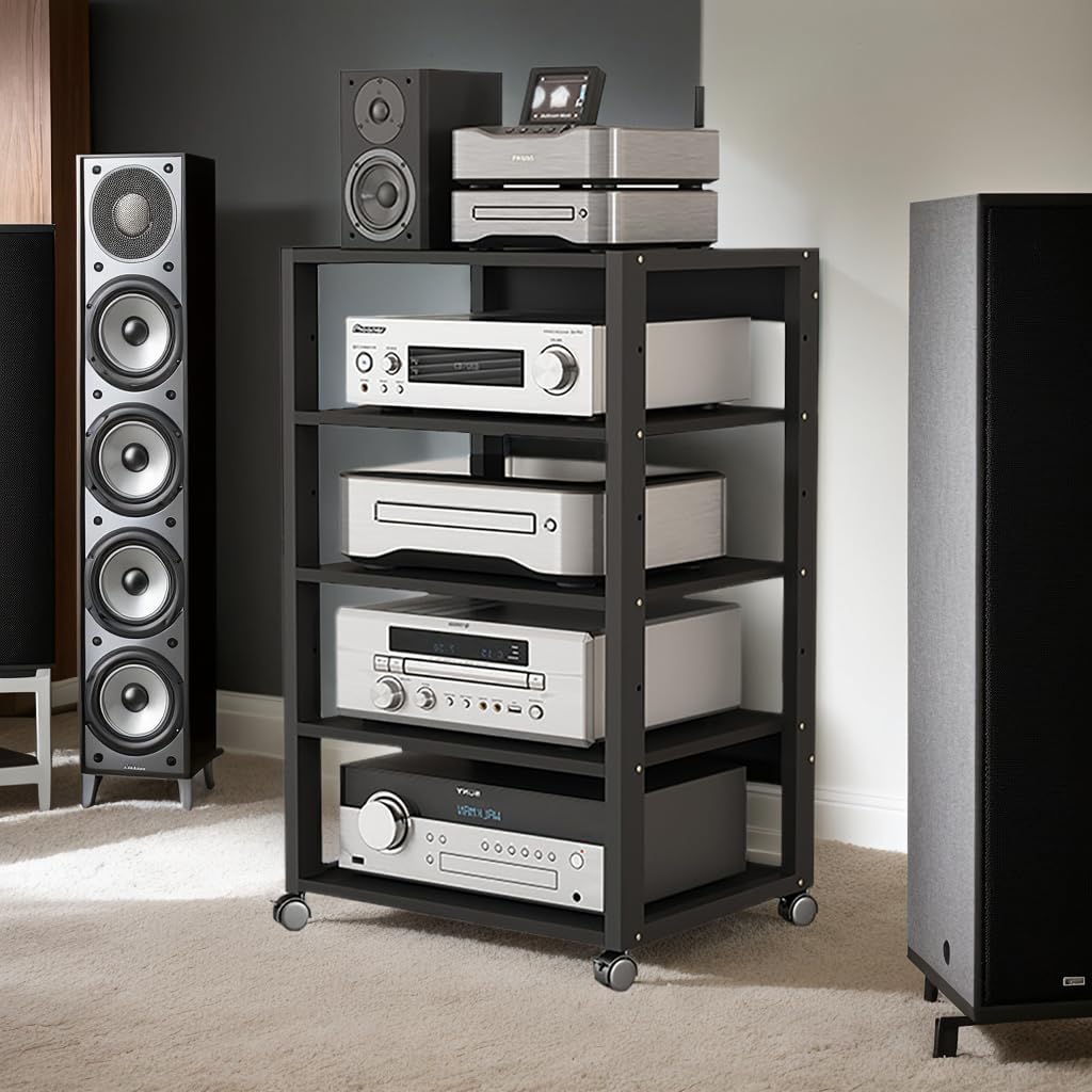 AV Media Tower Stereo Cabinet, 3/4/5 Tier Floor-Standing Audio Rack CD DVD Record Player Stand, Movable Corner Storage Shelf with Wheels for Home Theater, Black(5 Tier)