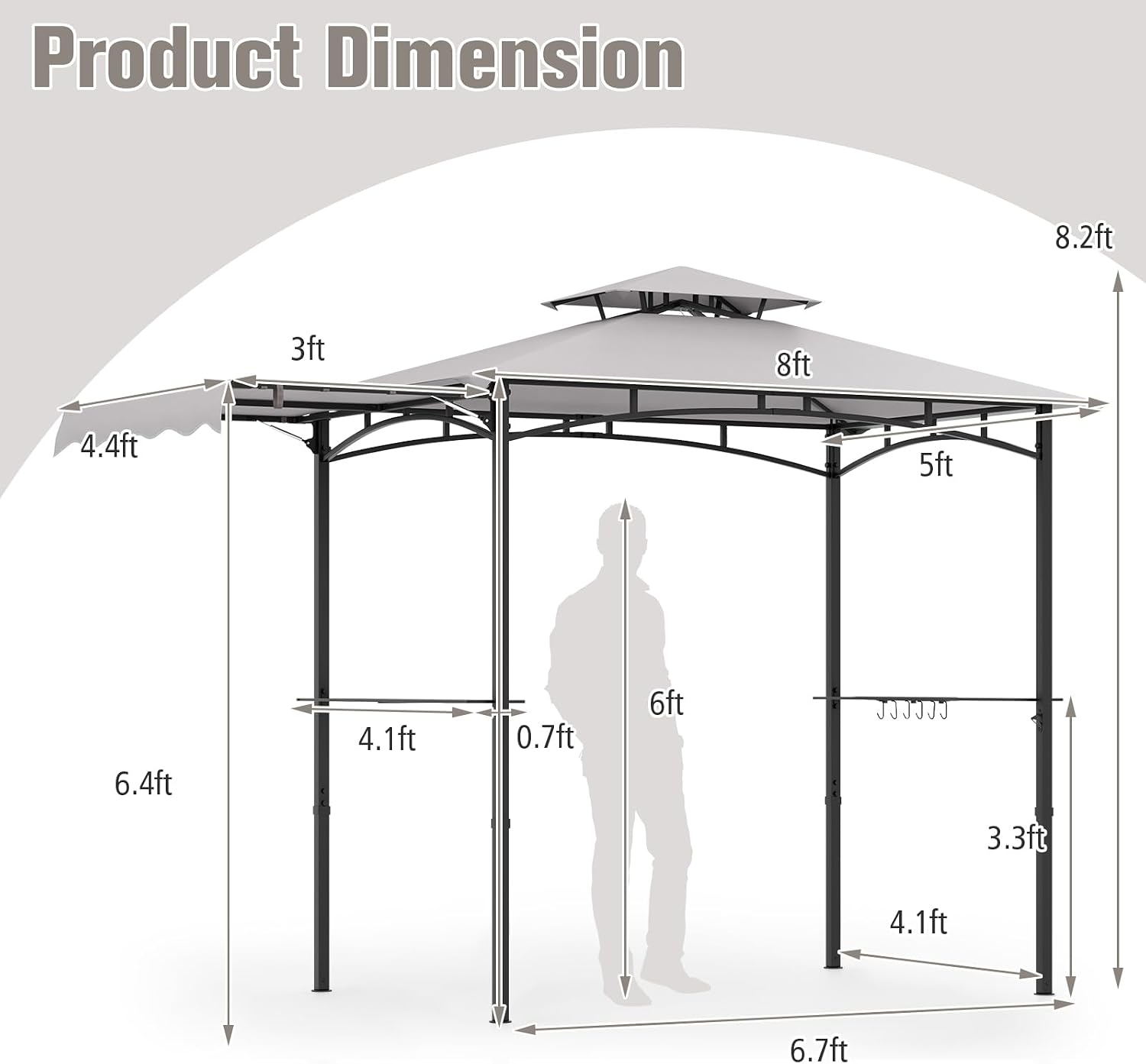 Tangkula 11x5 FT Grill Gazebo with Side Awning, 2-Tier Barbecue Gazebo with 2 Shelves, 12 Hanging Hooks, Bottle Opener, Outdoor Grill Canopy for Backyard Garden Poolside (Grey)
