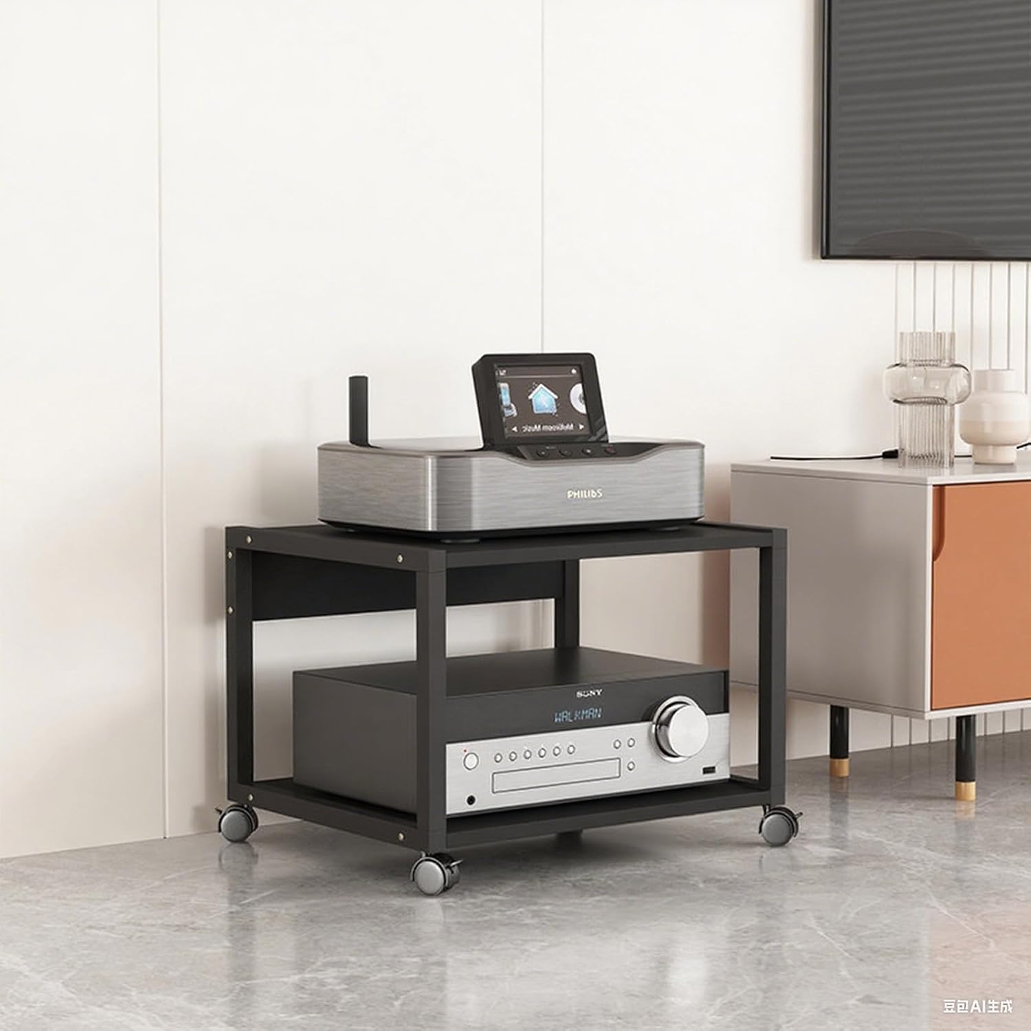 record standAV Media Stand 5/6/7/8 Tier Movable Record Player DVD CD Audio Rack Tower Holder, Adjustable Media Storage Cabinet, Equipment Console Shelf for Home Office Theater,2nd floor