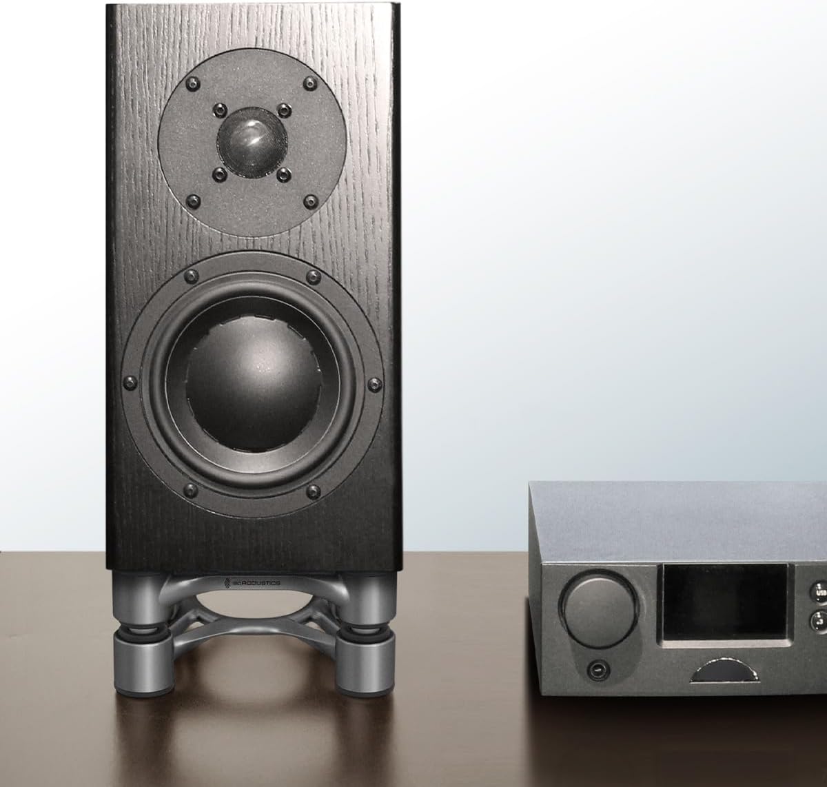 IsoAcoustics Aperta Series Isolation Speaker Stands with Tilt Adjustment: Aperta (6.1' x 7.5') Silver Pair