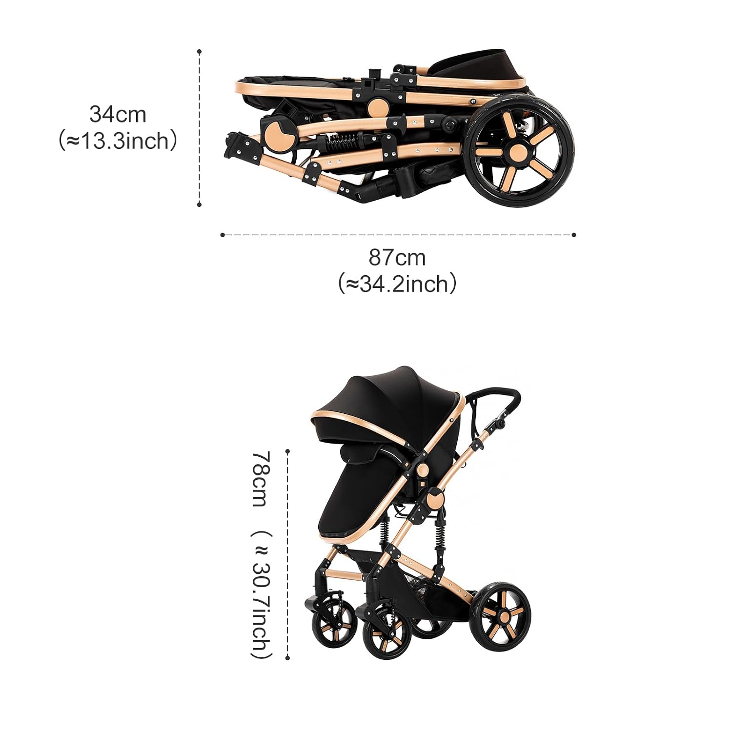 2 in 1 Baby Stroller Convertible Reversible Standard Pram Portable Pushchair Infant Buggy Baby Carriage Foldable High Landscape Pram for Toddler Newborn (2US588-KHAKI)